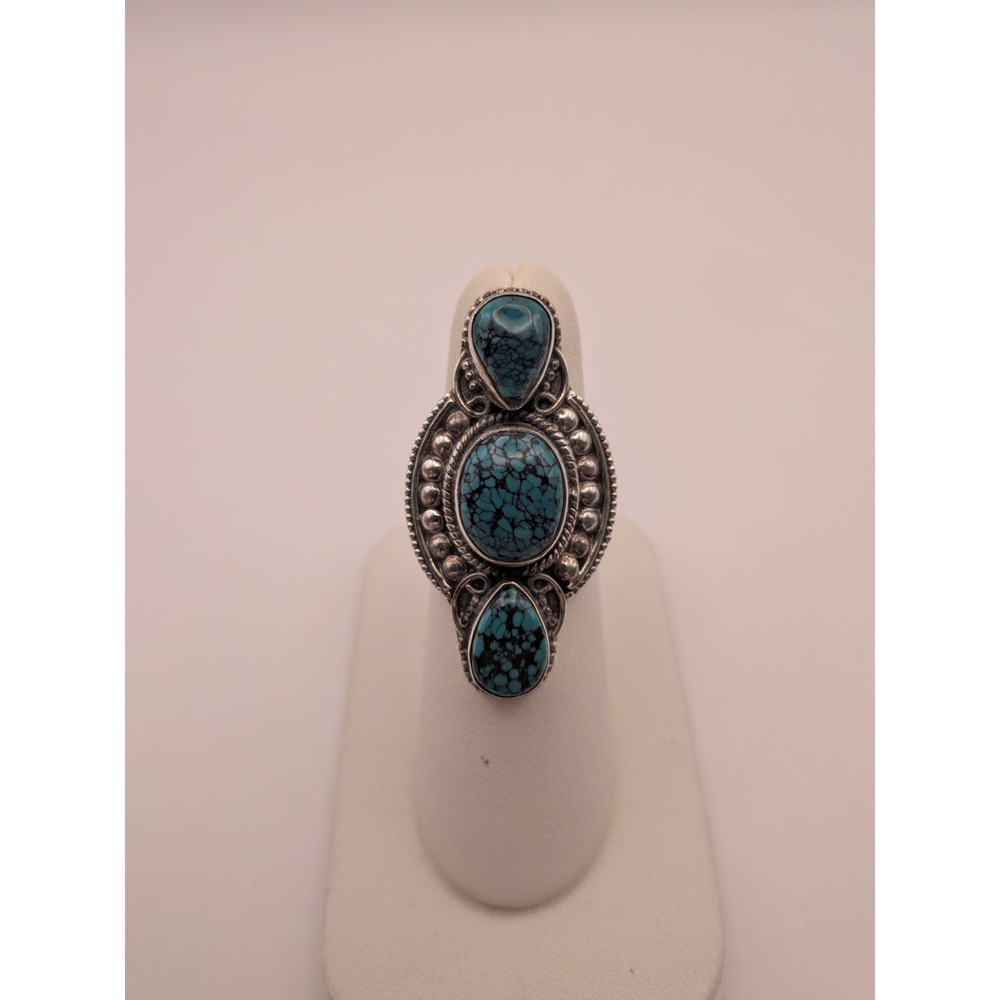 Vintage Navajo Sterling Silver Triple Turquoise Ring Size 7